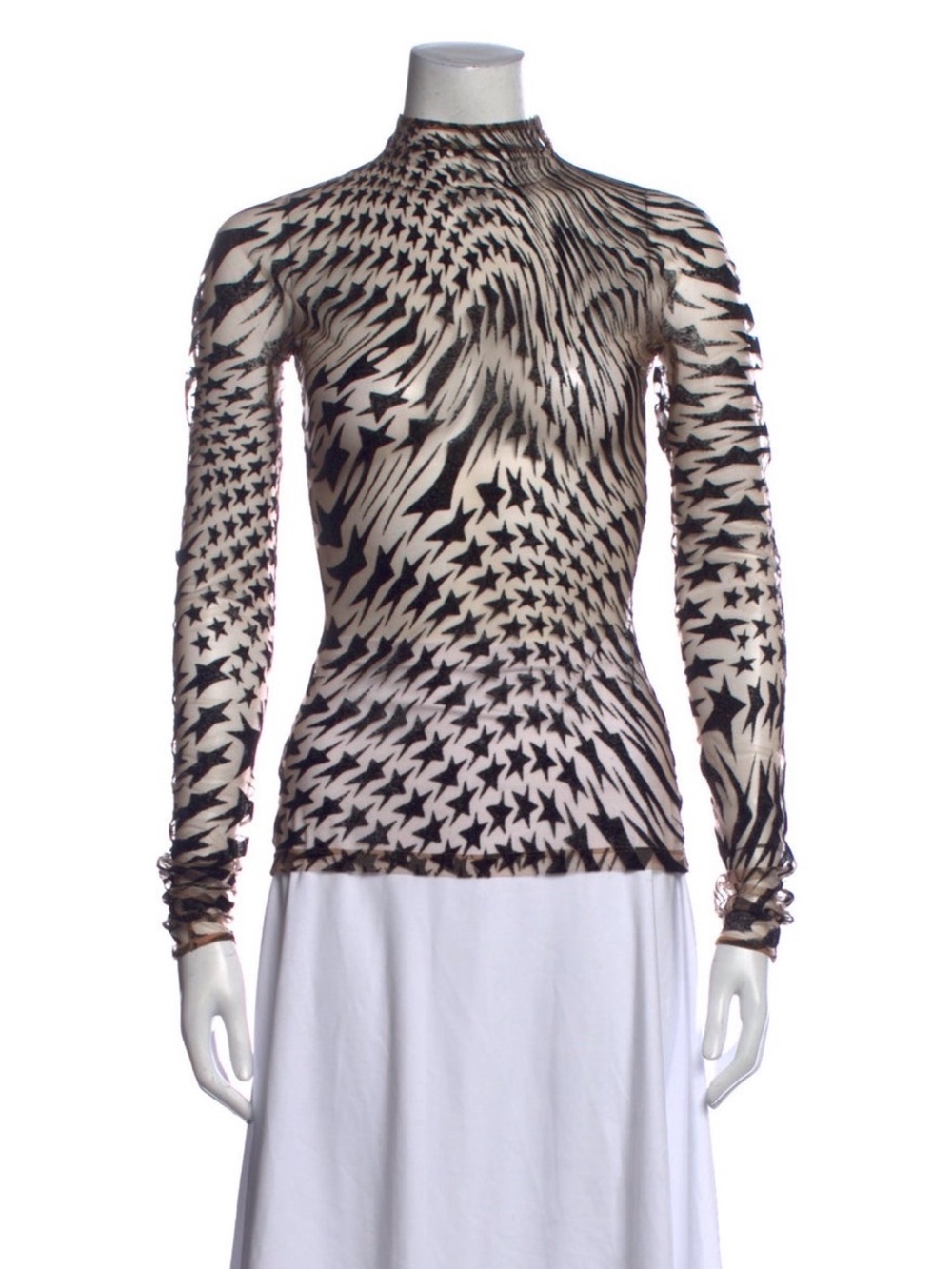 NWOT Mugler Illusion Brown/ Black Sheer Star Print Long Sleeve Mesh Top Sz 46